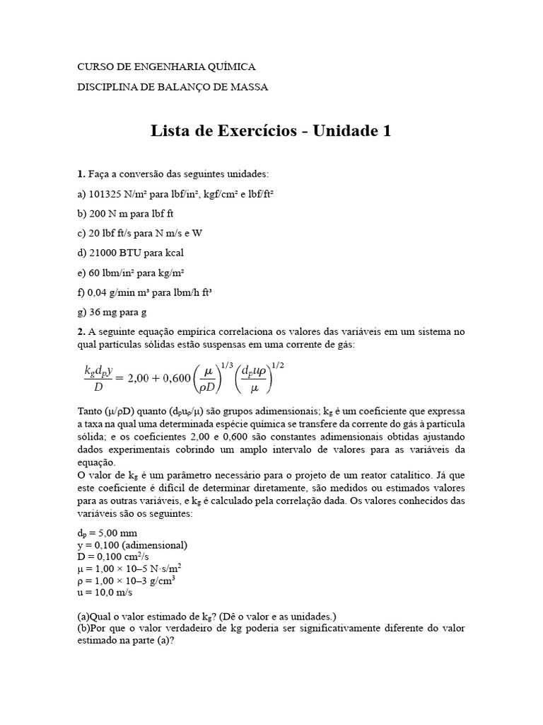 Lista de Exercícios - Unidade 1 | PDF
