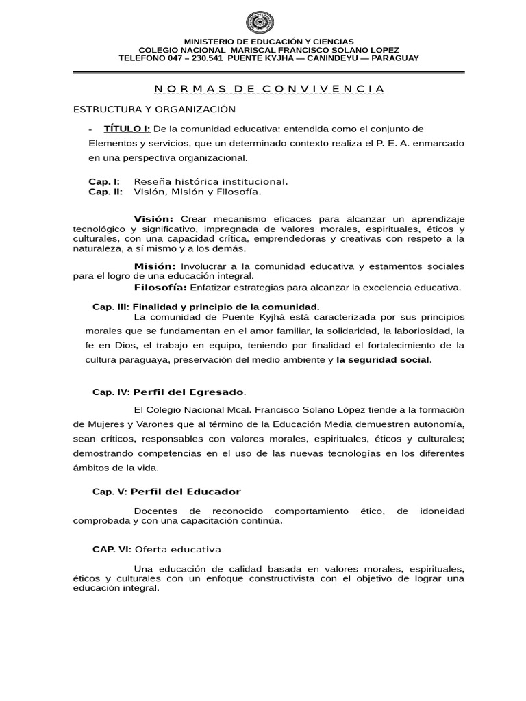 Normas de Convivencia Escolar en Paraguay | PDF | Enseñando | Maestros
