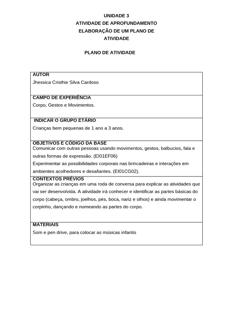 Prática de Ensino em Educação Infantil - Modelo Atividade III - Plano ...