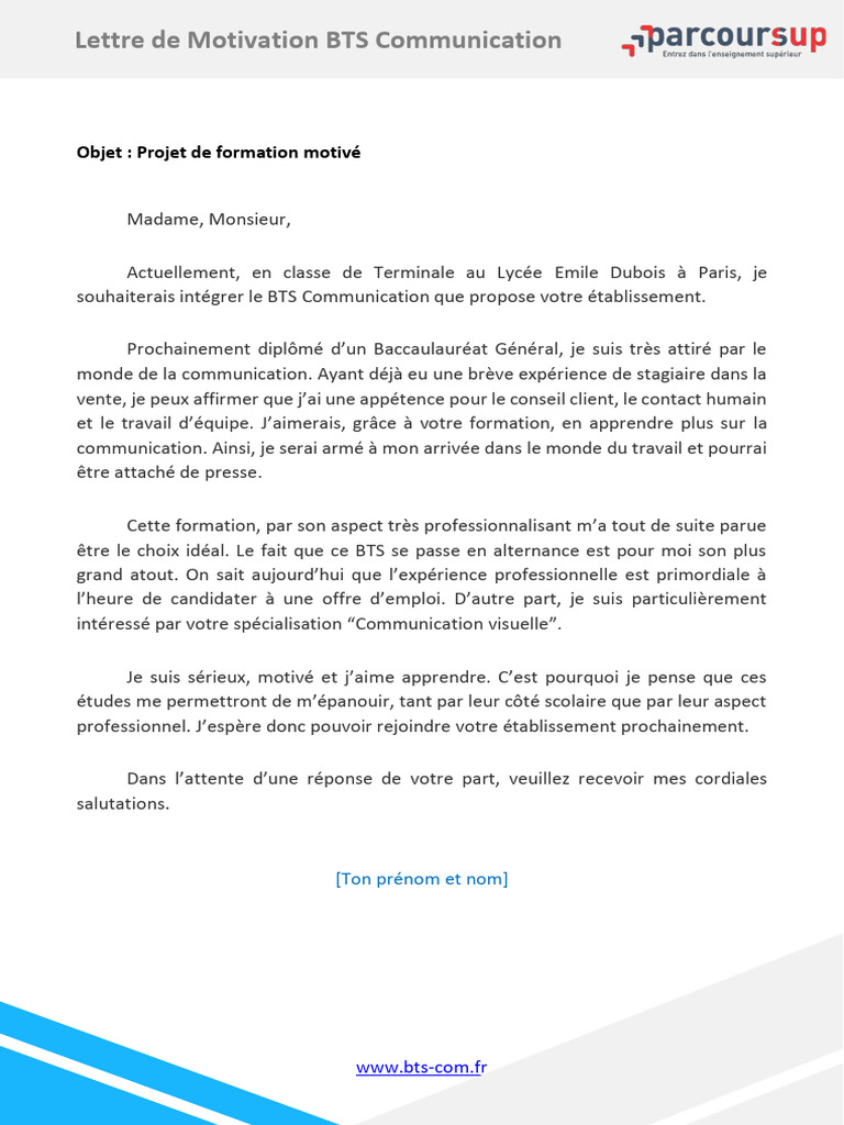 Exemple Lettre Motivation Parcoursup Bts Communication PDF — free download