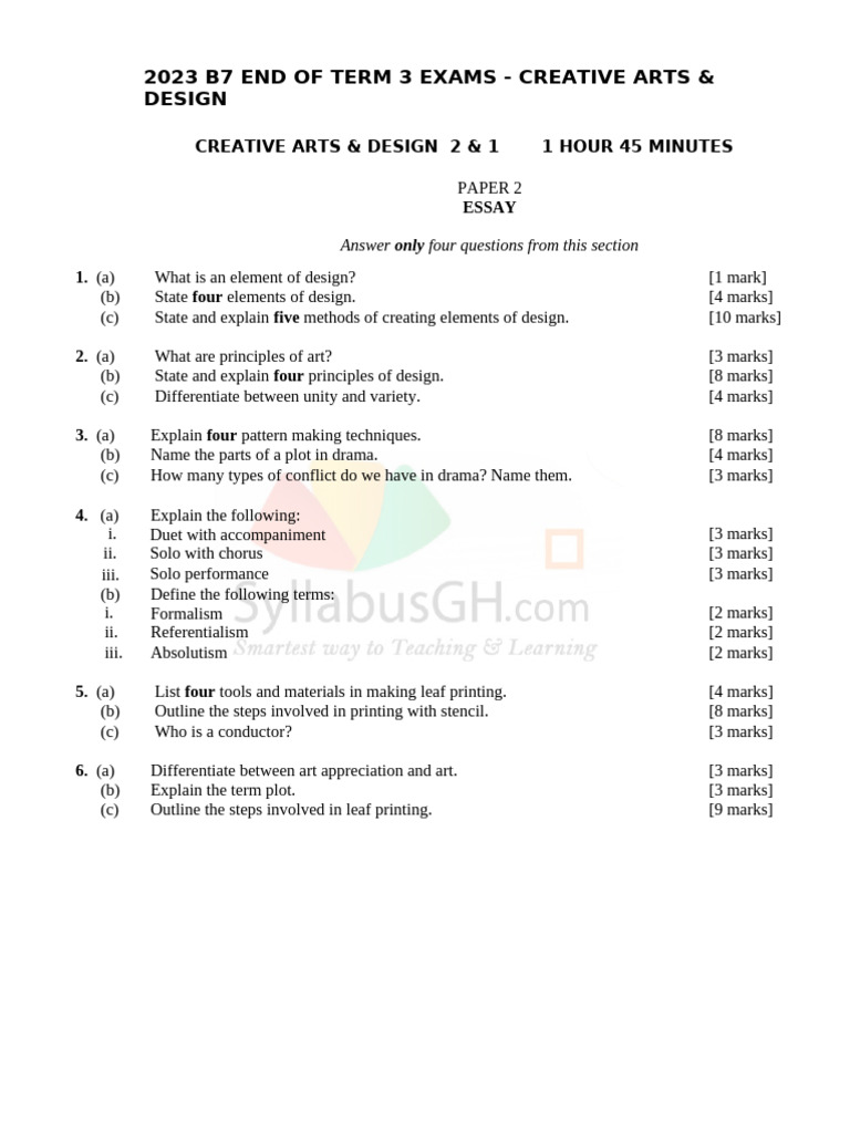 2023 B7 End of Term 3 Exams - Creative Arts Design | PDF