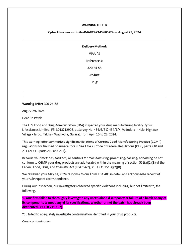 USFD Warning Letter | PDF