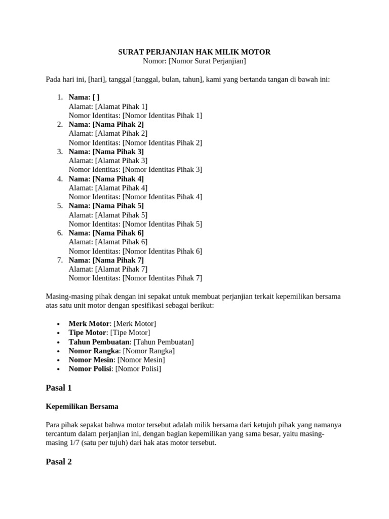 Surat Perjanjian Hak Milik Motor | PDF