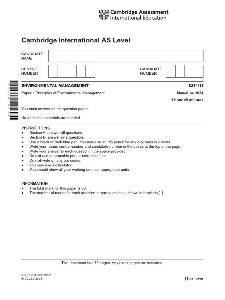 Cambridge International AS Level: Environmental Management 8291/11 | PDF