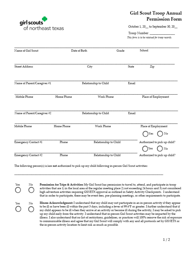 FORMS Mem GSNETXAnnualTroopPermissionSlip | PDF