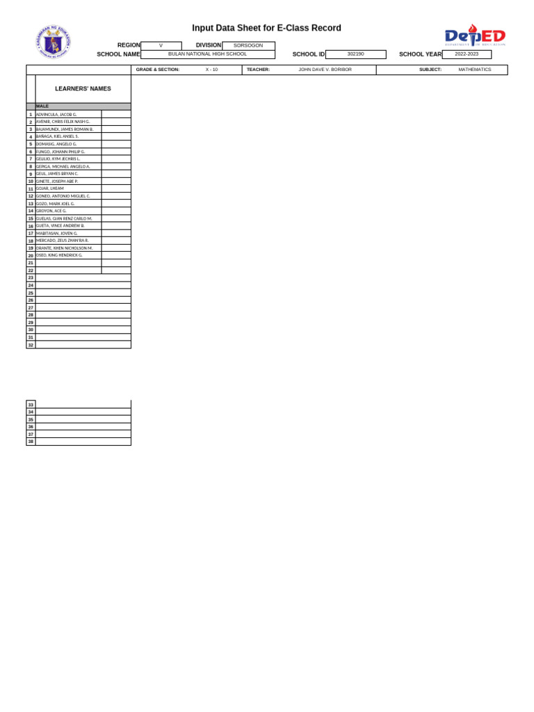 E Class Record Grade 10 1 | PDF