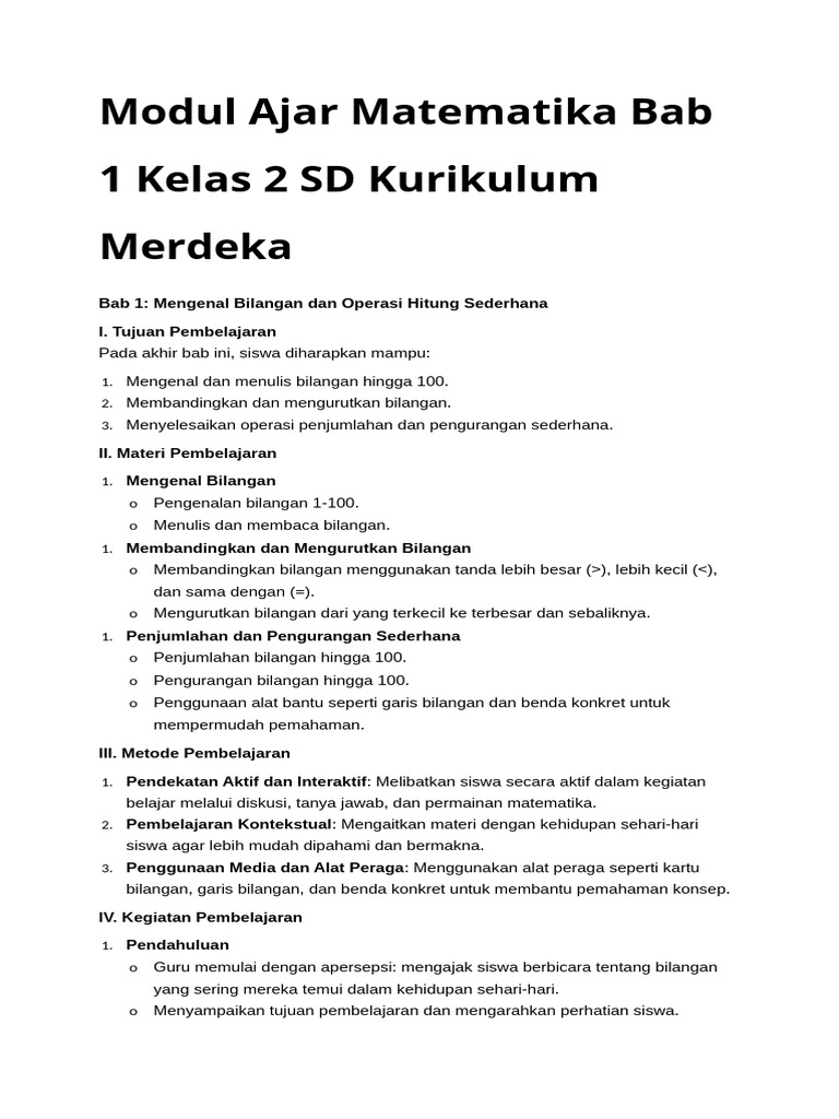 Buatkan Modul Ajar Matematika Bab 1 Kelas 2 Sd Kurikulum Merdeka Pdf