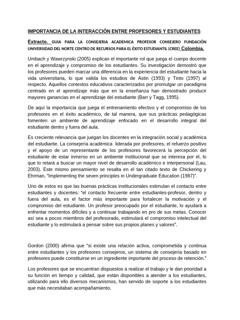 Importancia de La Interaccion Entre Profesores y Estudiantes | PDF