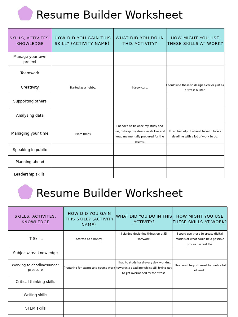 Resume Builder Worksheet Y10 - 1