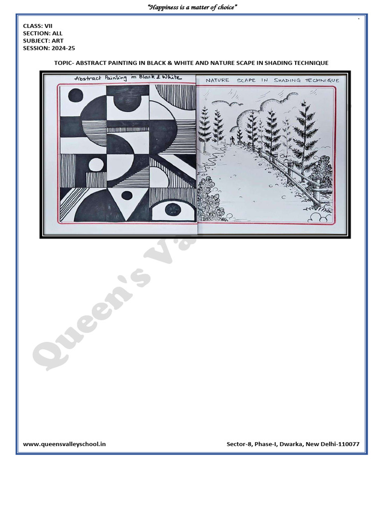 ART CLASS 7 ABSTRACT PAINTING IN BLACK & WHITE AND NATURE SCAPE IN