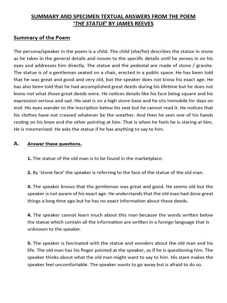 The Statue: Summary and Specimen Textual Answers From The Poem ' by ...