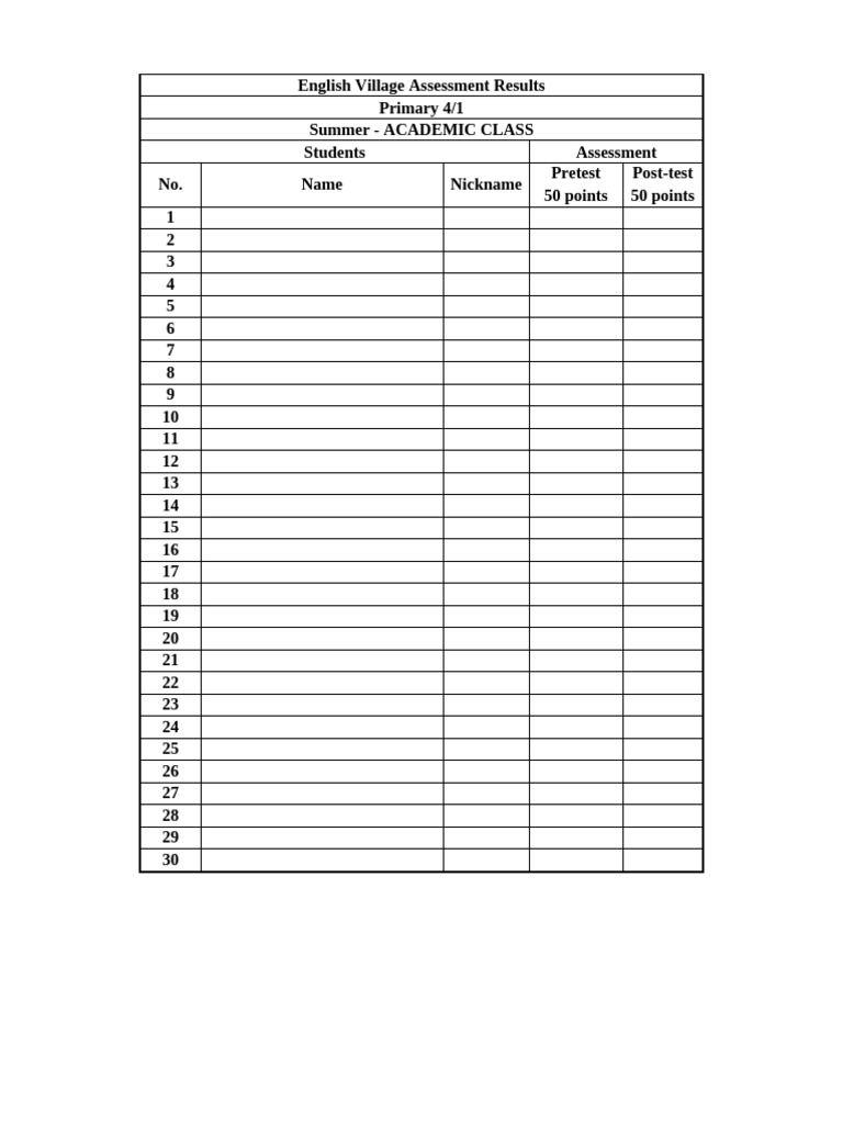 Summer class assessment sheet pdf