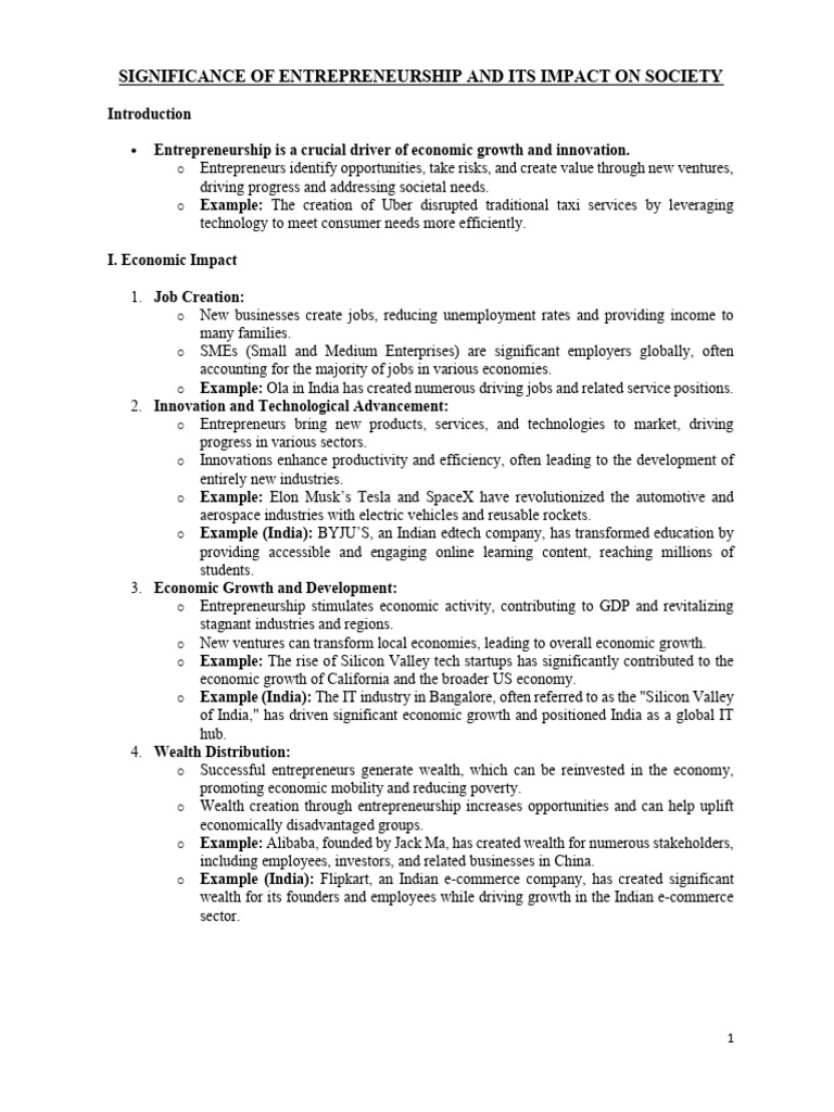 Significance and Impact of Entrepreneurship | PDF