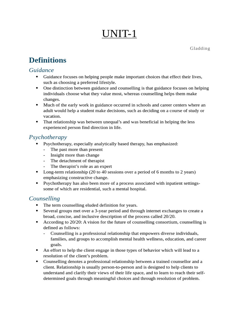 Counselling and Psychotherapy Unit 1 and 2 | PDF | Id | Psychoanalysis