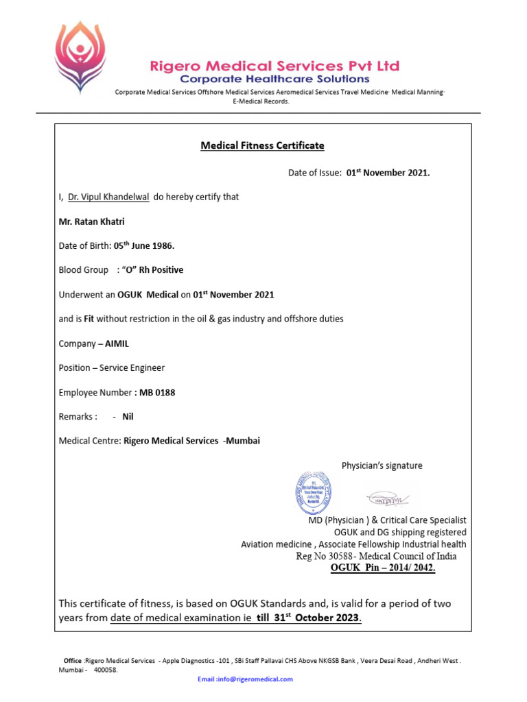 OGUK Medical Fitness For MR Ratan Khatri | PDF