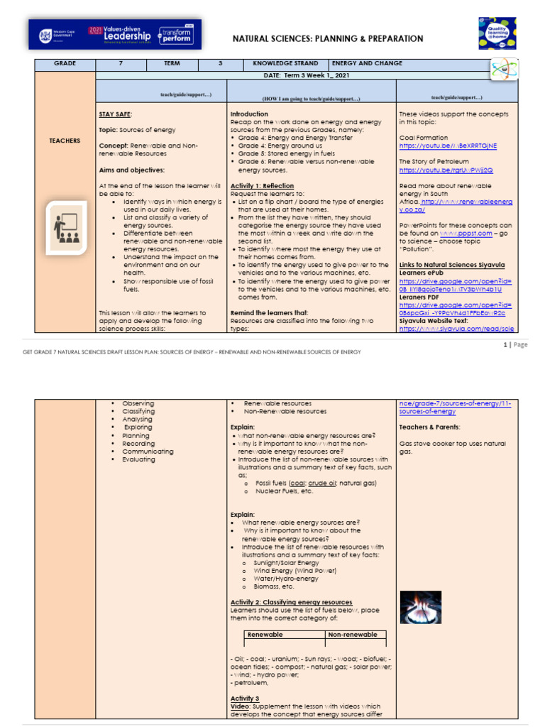 Grade 7 Energy Sources Lesson Plan | PDF | Energy Development | Career ...