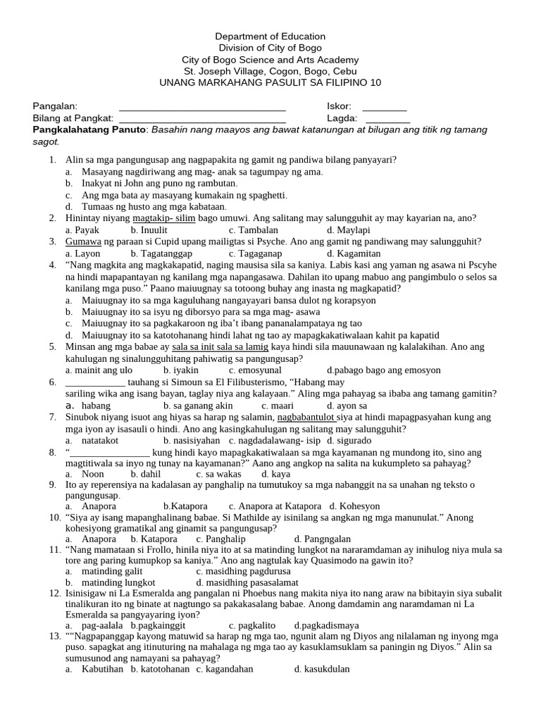 Filipino 10 1st Quarter Exam Guide | PDF | Fictional Representations Of ...