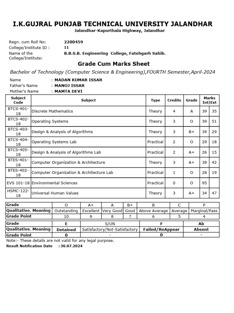 B.Tech CSE Fourth Semester Grade Sheet | PDF | Applied Mathematics ...