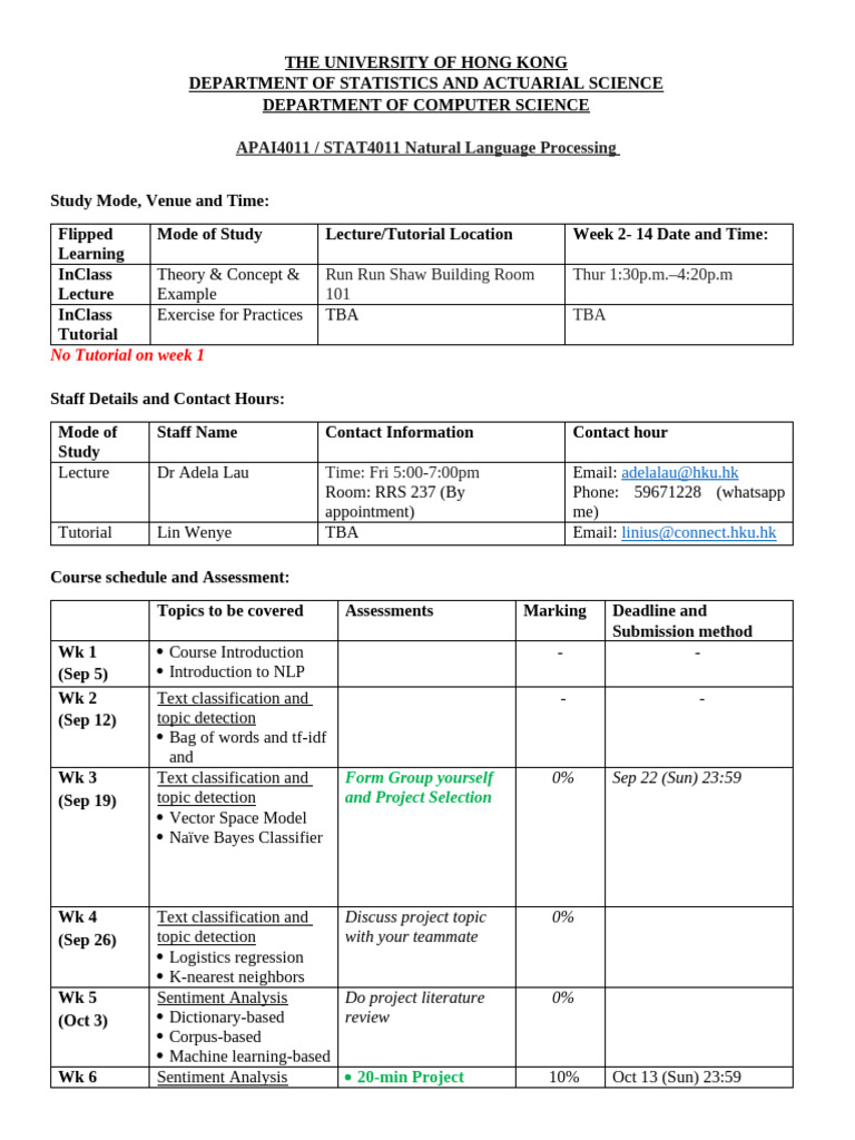 Natural Language Processing Course Outline