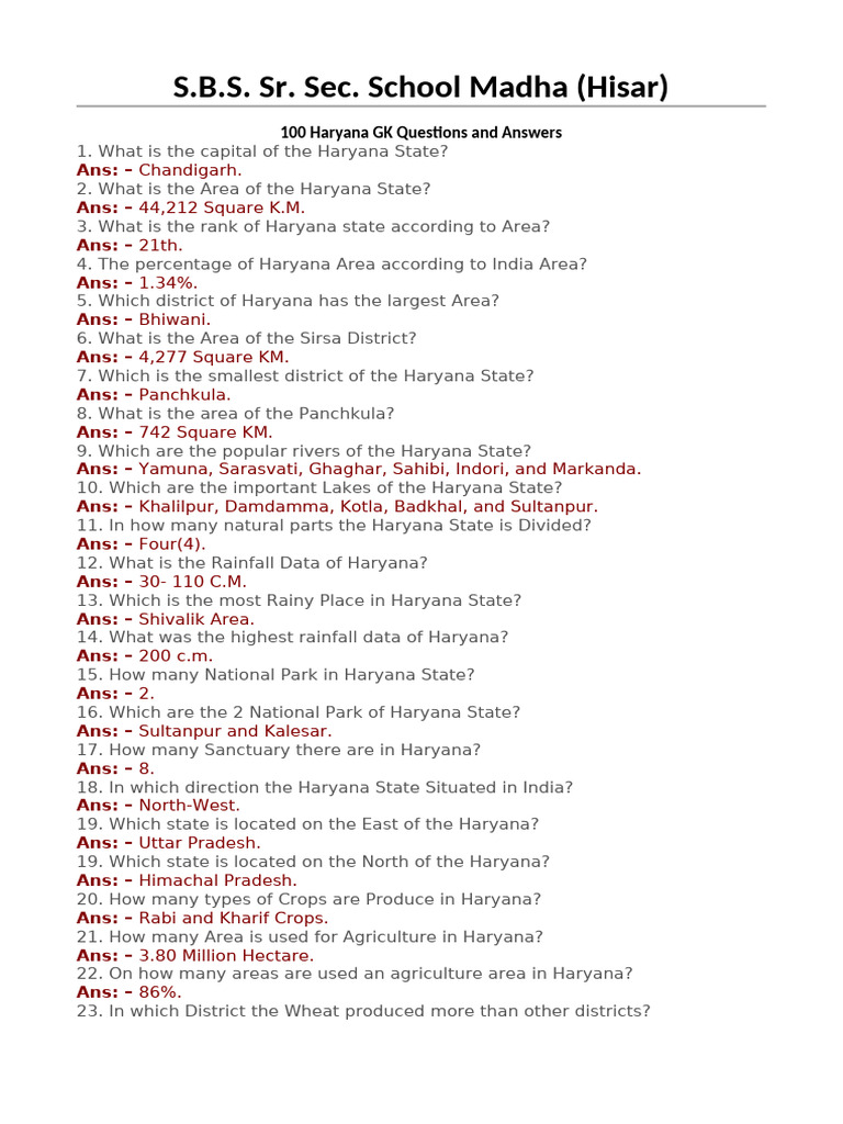 100 Haryana GK Questions and Answers | PDF