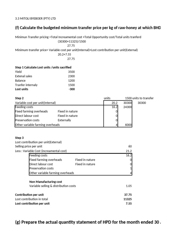Mitoli Minimum Transfer Price at Quantity Statement | PDF