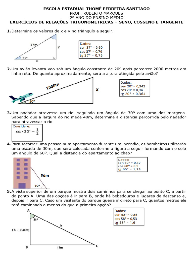 EXERCICICIOS Seno Cosseno Tangente | PDF