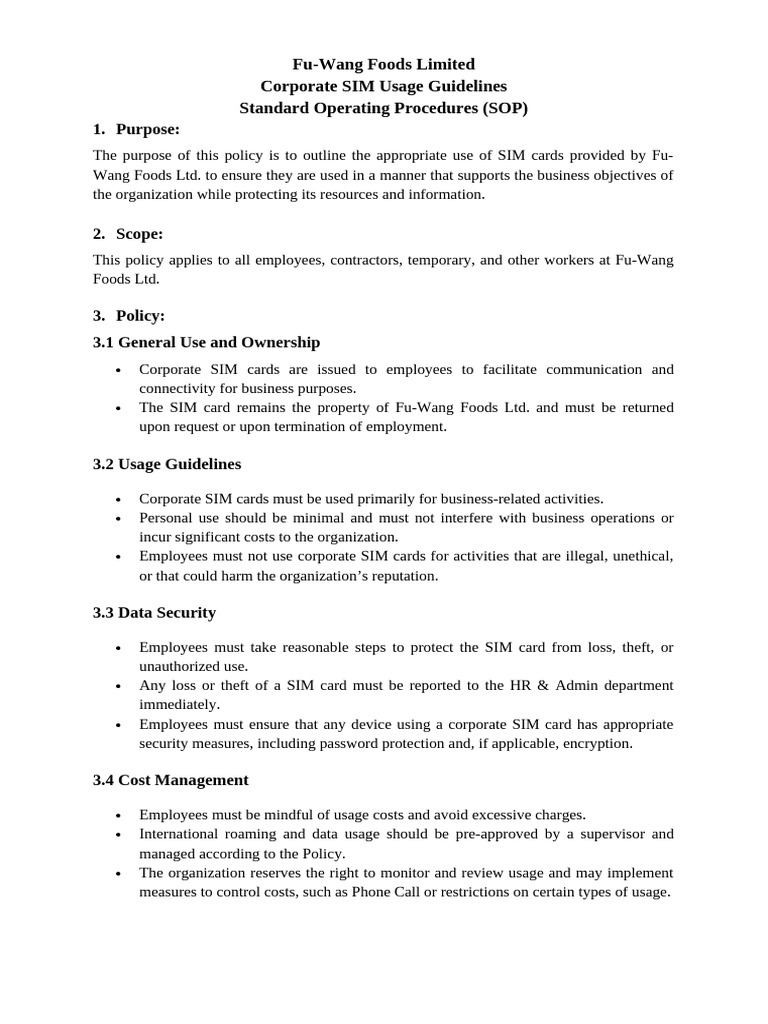 Corporate SIM Usage Guidelines | PDF