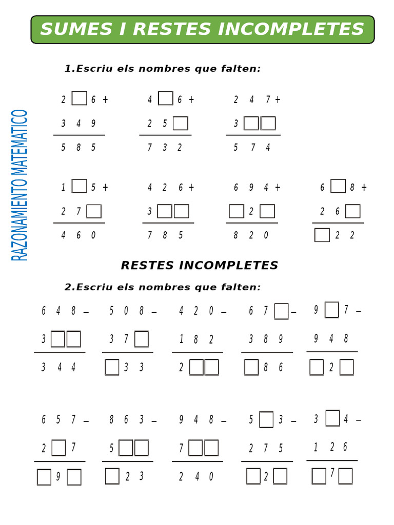 Sumas y Restas Incompletas para Segundo de Primaria | PDF