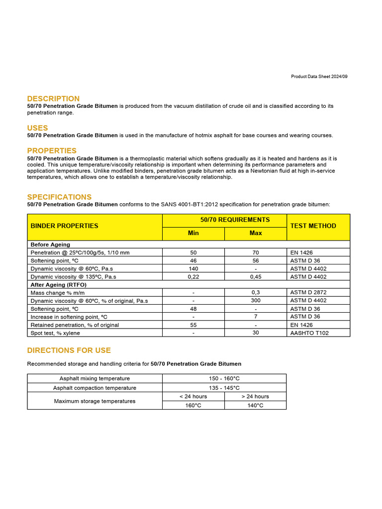 50/70 Penetration Grade Bitumen Specs | PDF | Viscosity | Building ...