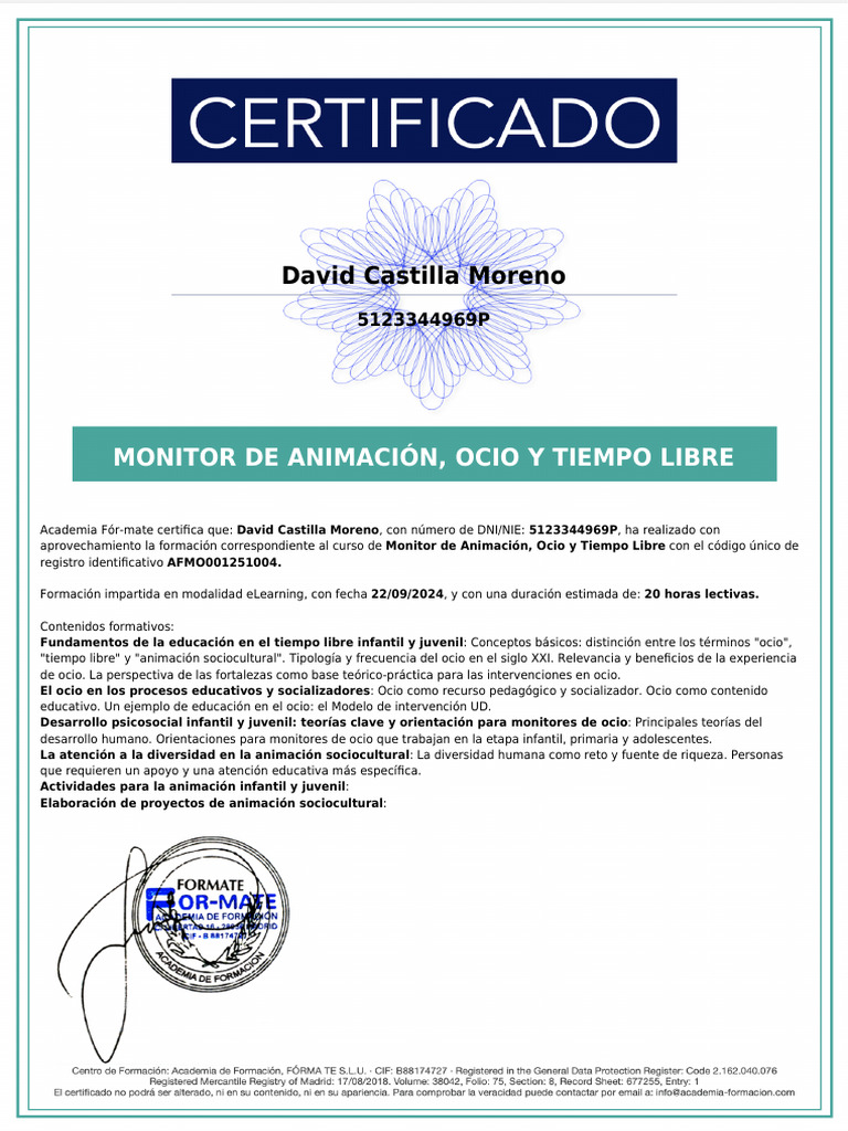 CERTIFICADO AFMO001251004, David Castilla Moreno | PDF