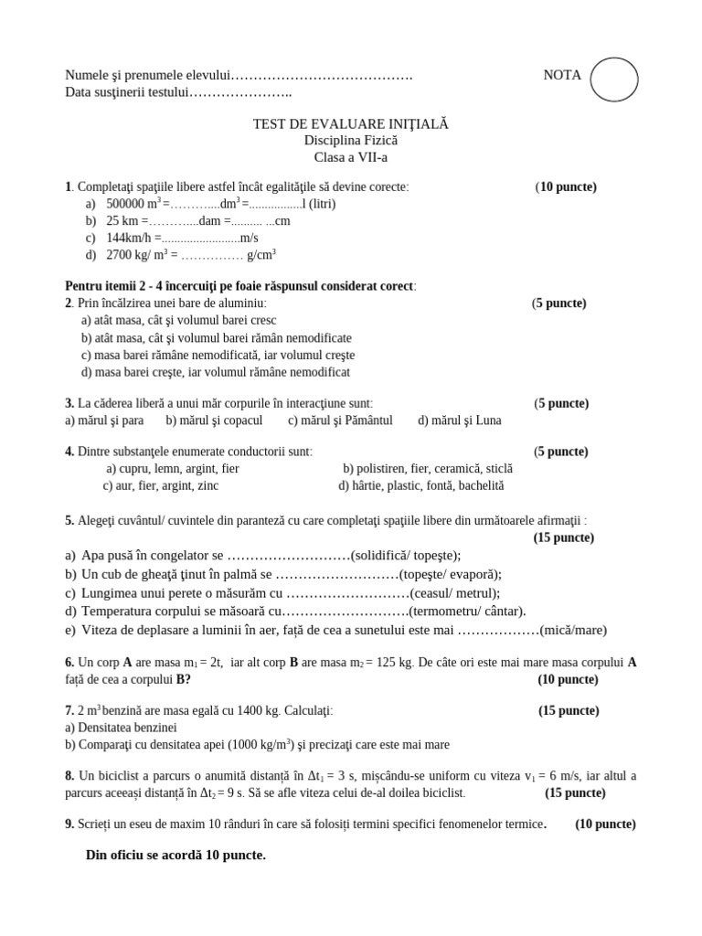1 Test Initial Fizica VII | PDF