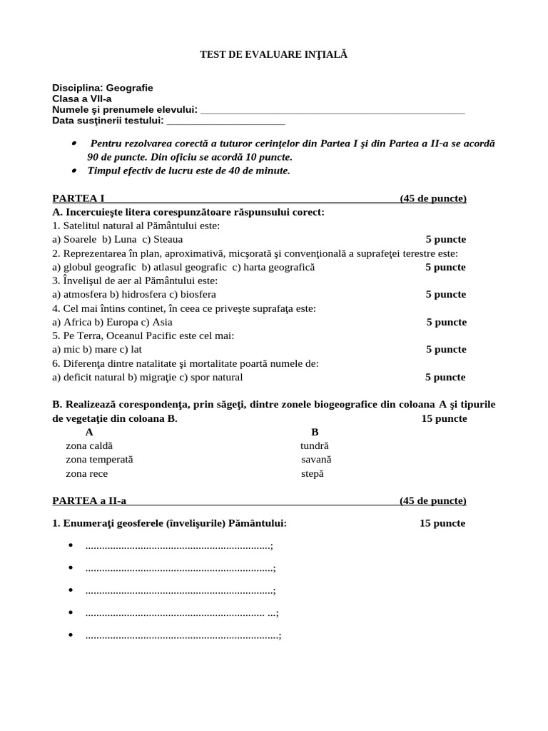 Geografie Test Initial A 7 | PDF
