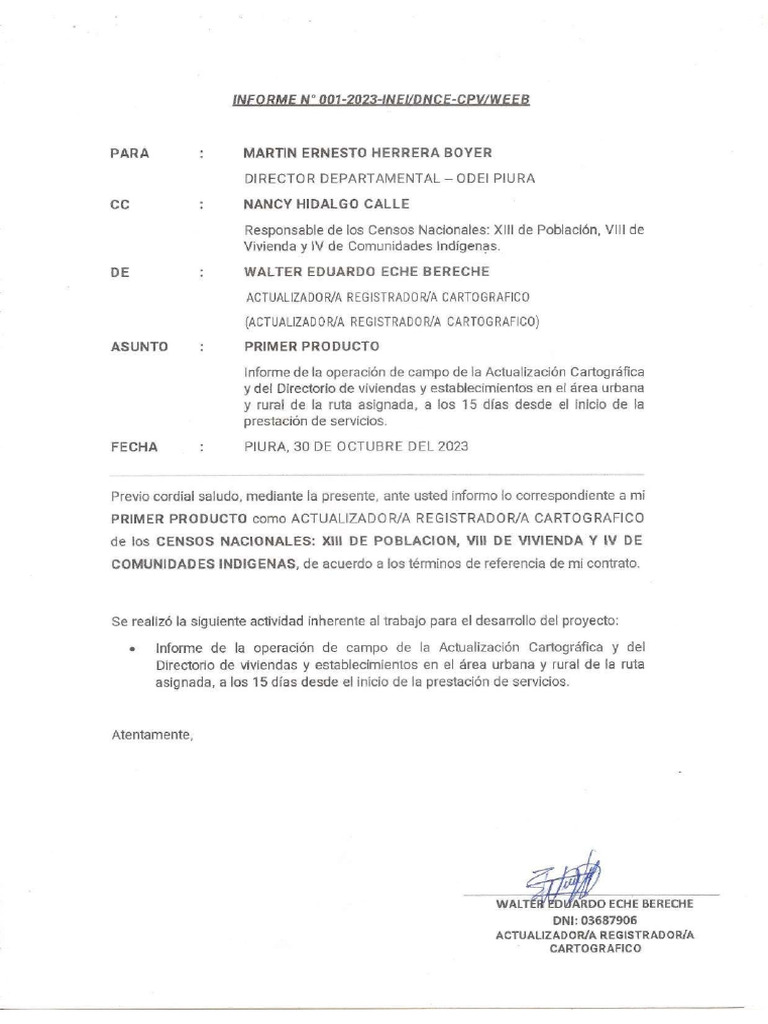 Eche Bereche Walter Eduardo - Primer Producto | PDF