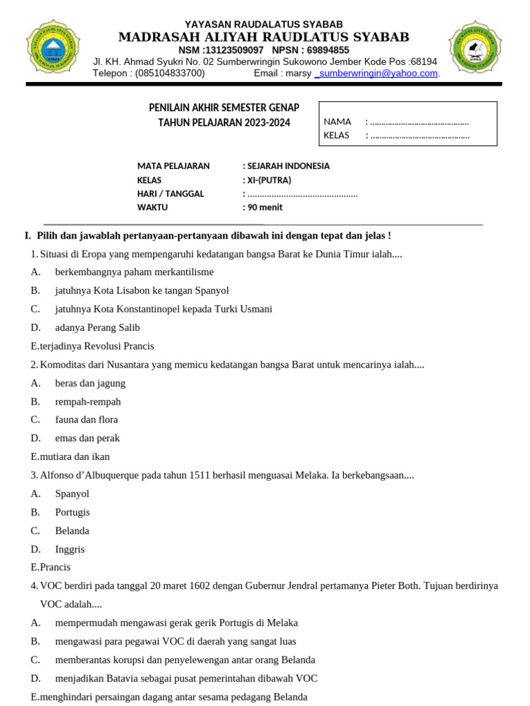 Latihan Soal Sejarah XI Semester 2