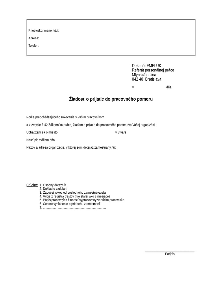 Ziadost o Prijatie Do Zamestnania | PDF