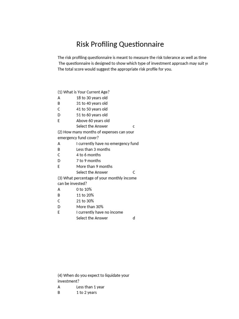Client Investment Risk Profile Questionnaire | PDF | Investing | Risk