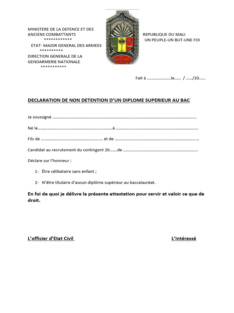 Declaration de Non: Detention D'Un Diplome Superieur Au Bac | PDF