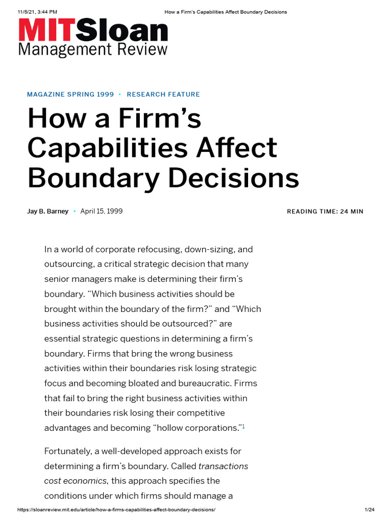 How A Firm's Capabilities Affect Boundary Decisions | PDF
