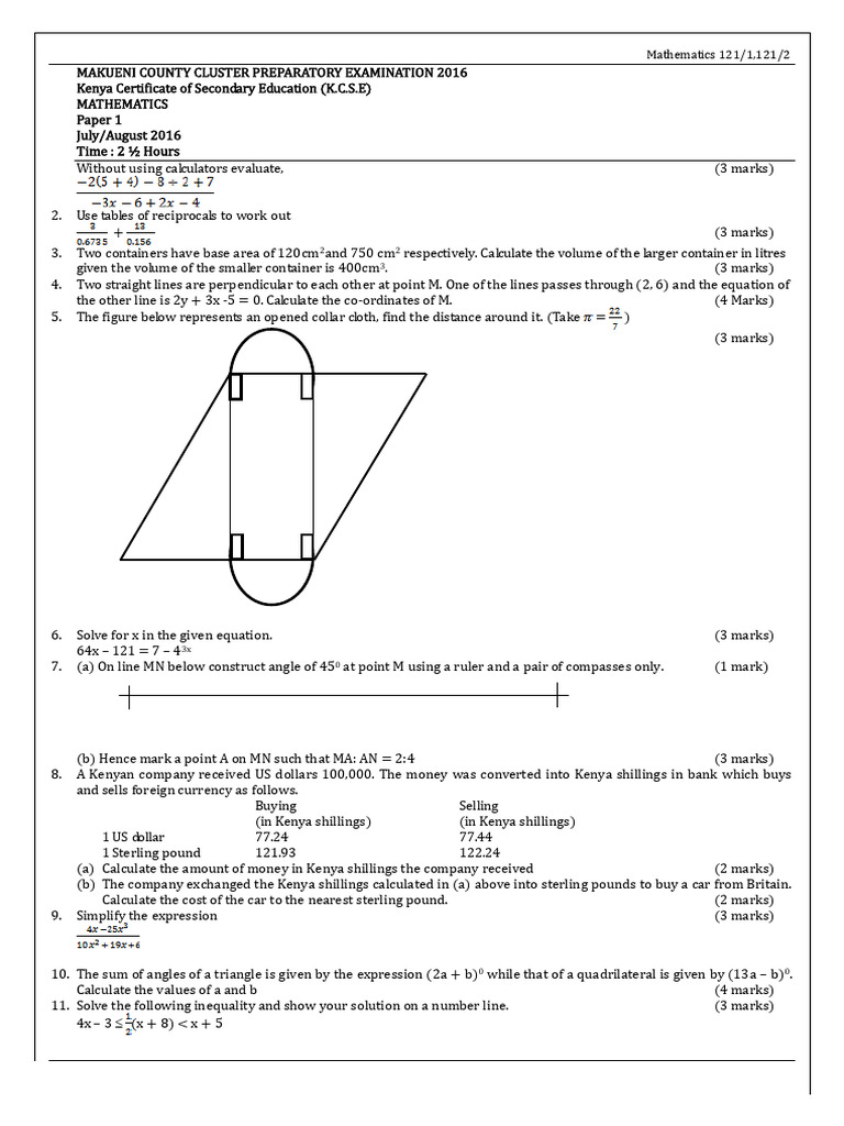 2016 KCSE MOCK Maths QuestionsAnswers V2 | PDF