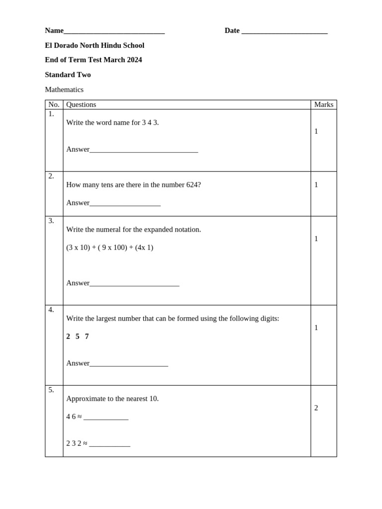 Math STD 2 Easter Term Test | PDF