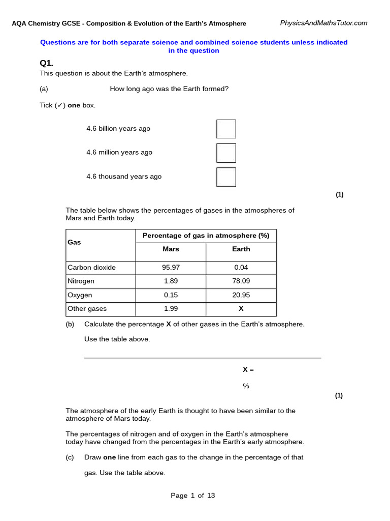 9.1 Composition & Evolution of The Earth's Atmosphere QP | PDF