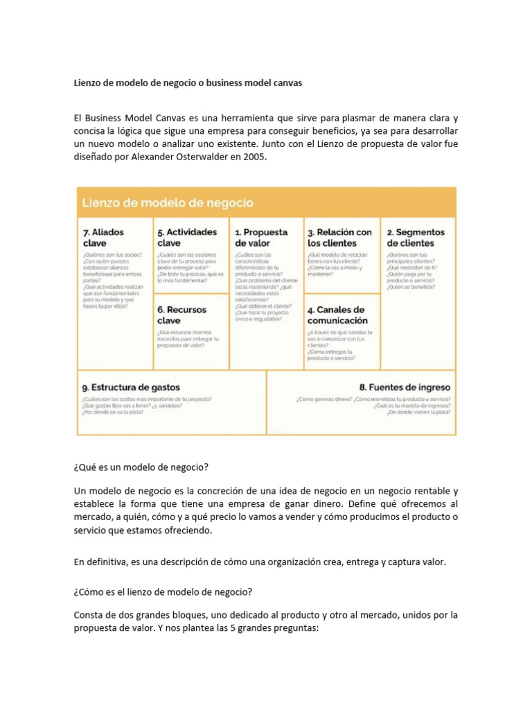 Lienzo de Modelo de Negocio o Business Model Canvas | PDF