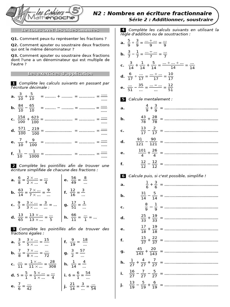 Nombres en Ecriture Fractionnaire Exercices FR Aditionner Et Soustraire ...