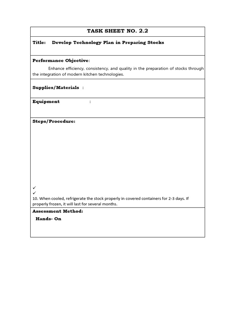 Technology Plan for Stock Preparation | PDF | Cooking, Food & Wine