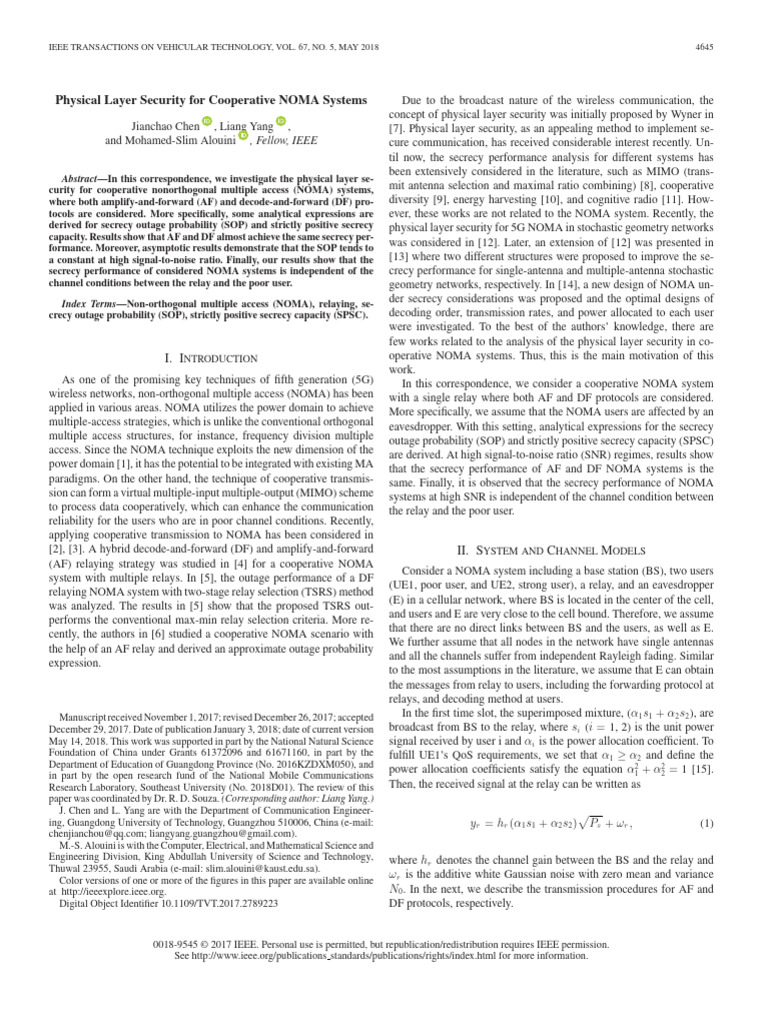 Physical Layer Security For Cooperative NOMA Systems | PDF