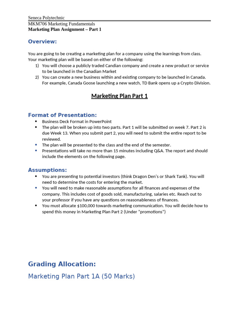 Marketing Plan Assignment Part 1 - Summer 2024 | PDF | Target Audience ...