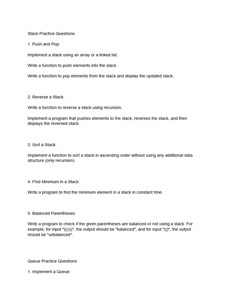 DSA Stack and Queue Practice Questions | PDF | Queue (Abstract Data ...