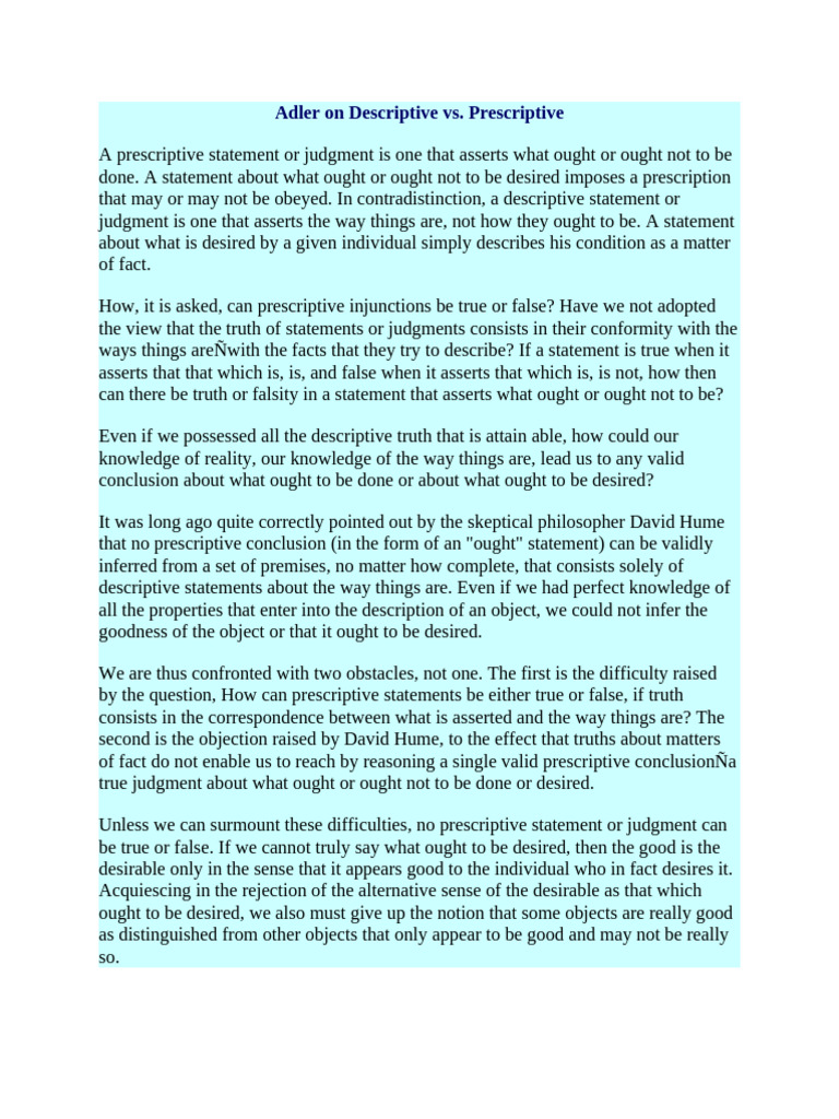 Adler On Descriptive Vs Prescriptive | PDF