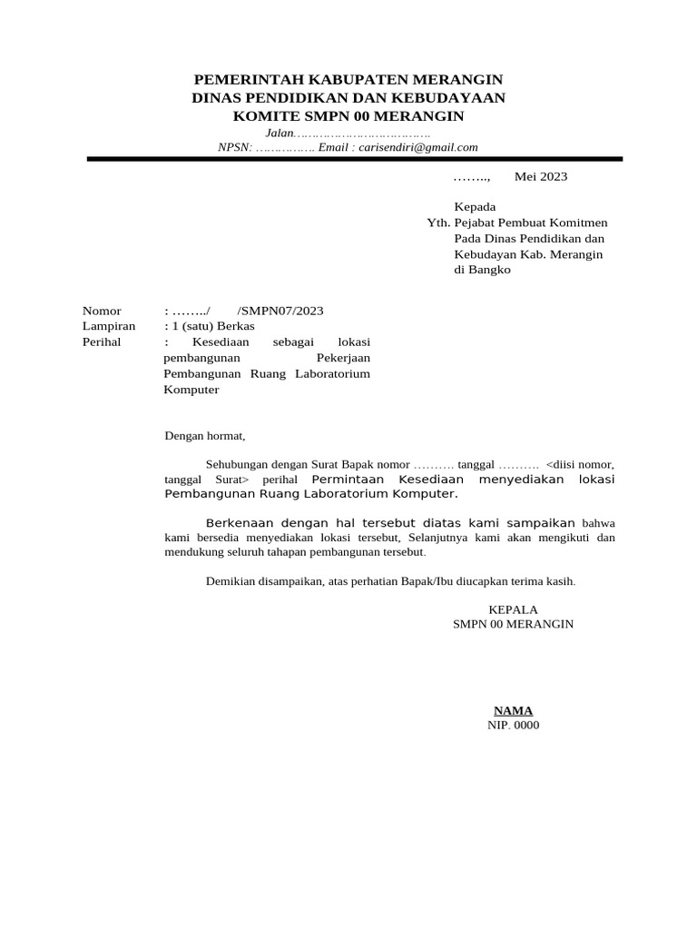 Contoh Surat Kesediaan Lokasi Pembangunan | PDF