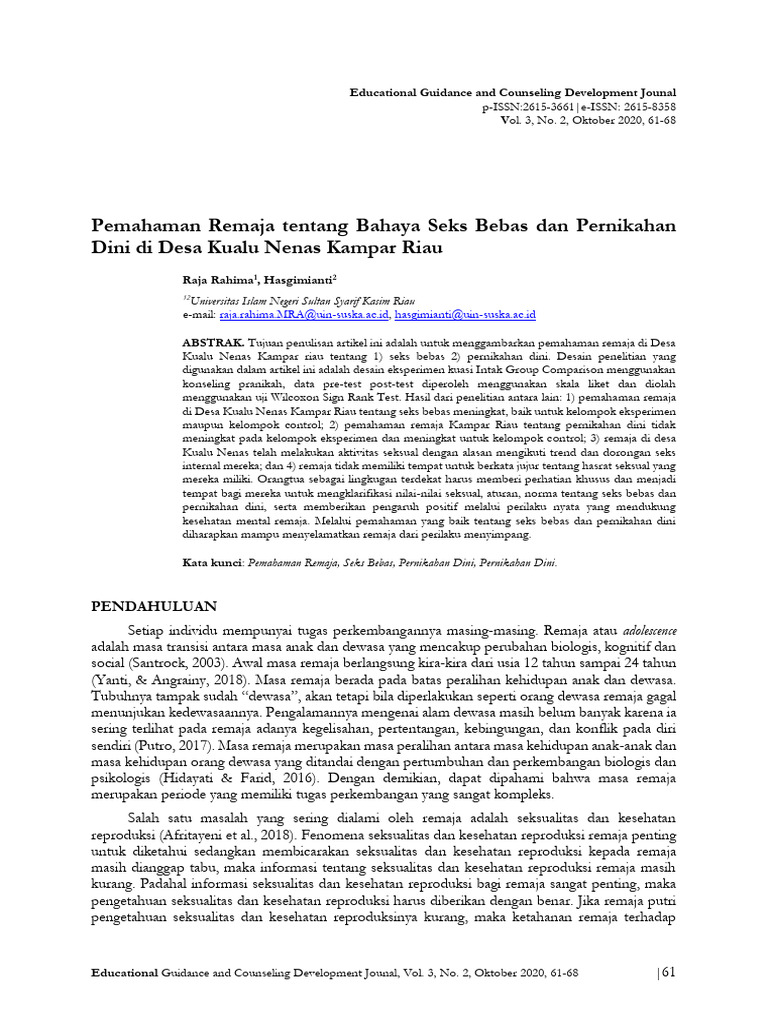 Pemahaman Remaja Tentang Bahaya Seks Bebas Dan Pernikahan Dini Di Desa